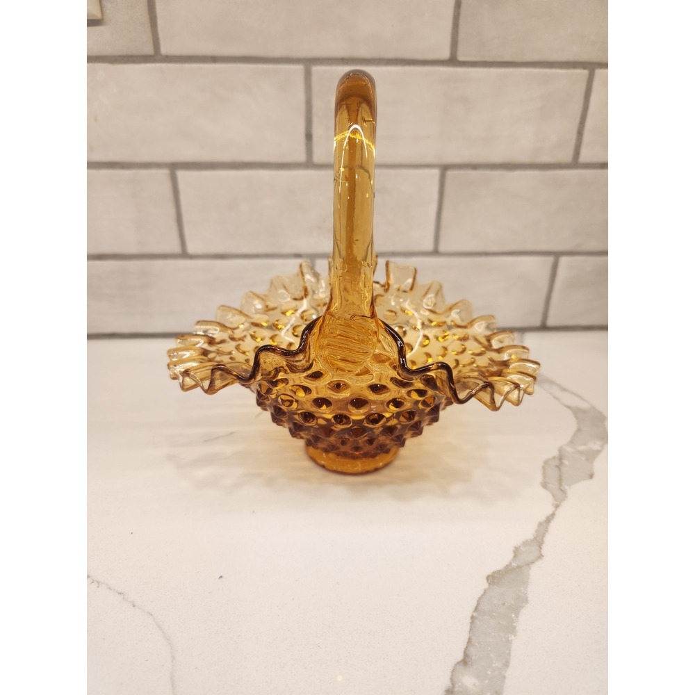 Fenton Vintage Amber Hobnail Glass Basket Ruffled Crimped Edges - Picture 4 of 9